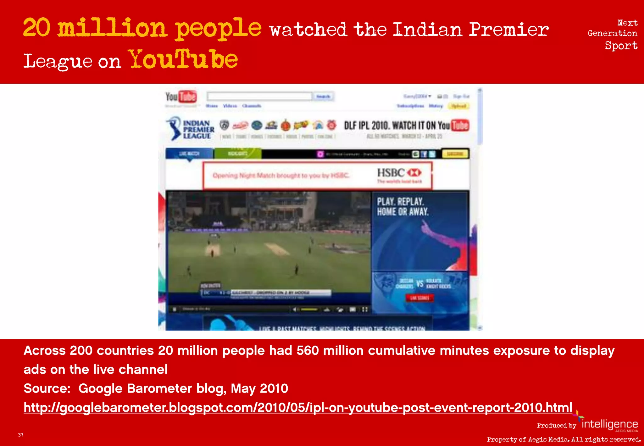 20 million people watched the Indian Premier                             Next
                                                                        Generation
                                                                             Sport
     League on YouTube




                                                         Produced by
37
                                           Property of Aegis Media. All rights reserved.
 