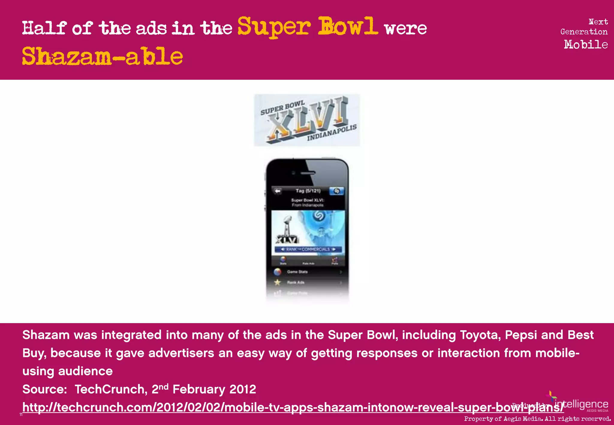 Half of the ads in the Super   Bowl were                                      Next
                                                                             Generation
                                                                              Mobile
     Shazam-able




                                                              Produced by
11
                                                Property of Aegis Media. All rights reserved.
 