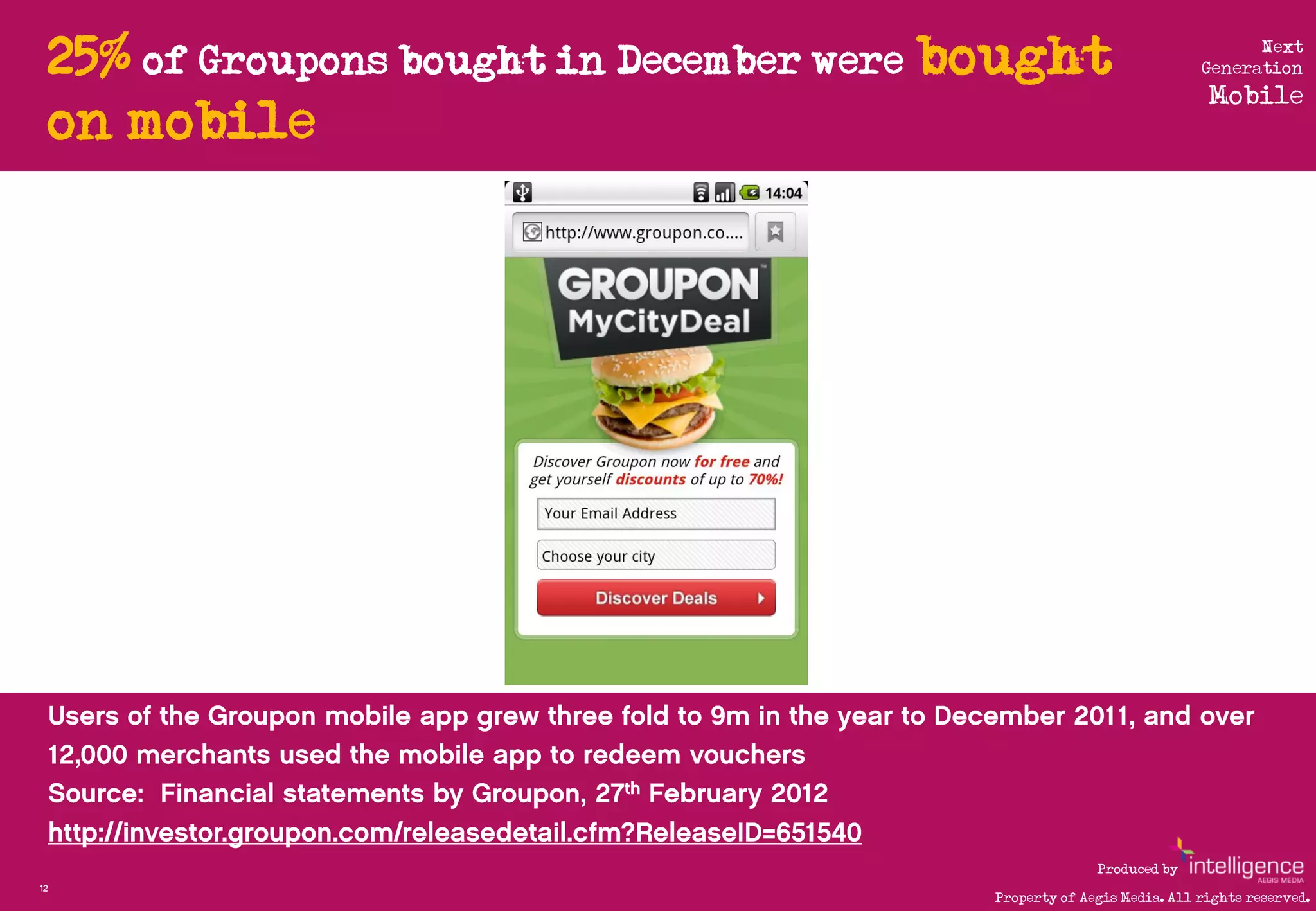 25% of Groupons bought in December were bought                             Next
                                                                          Generation
                                                                           Mobile
     on mobile




                                                           Produced by
12
                                             Property of Aegis Media. All rights reserved.
 