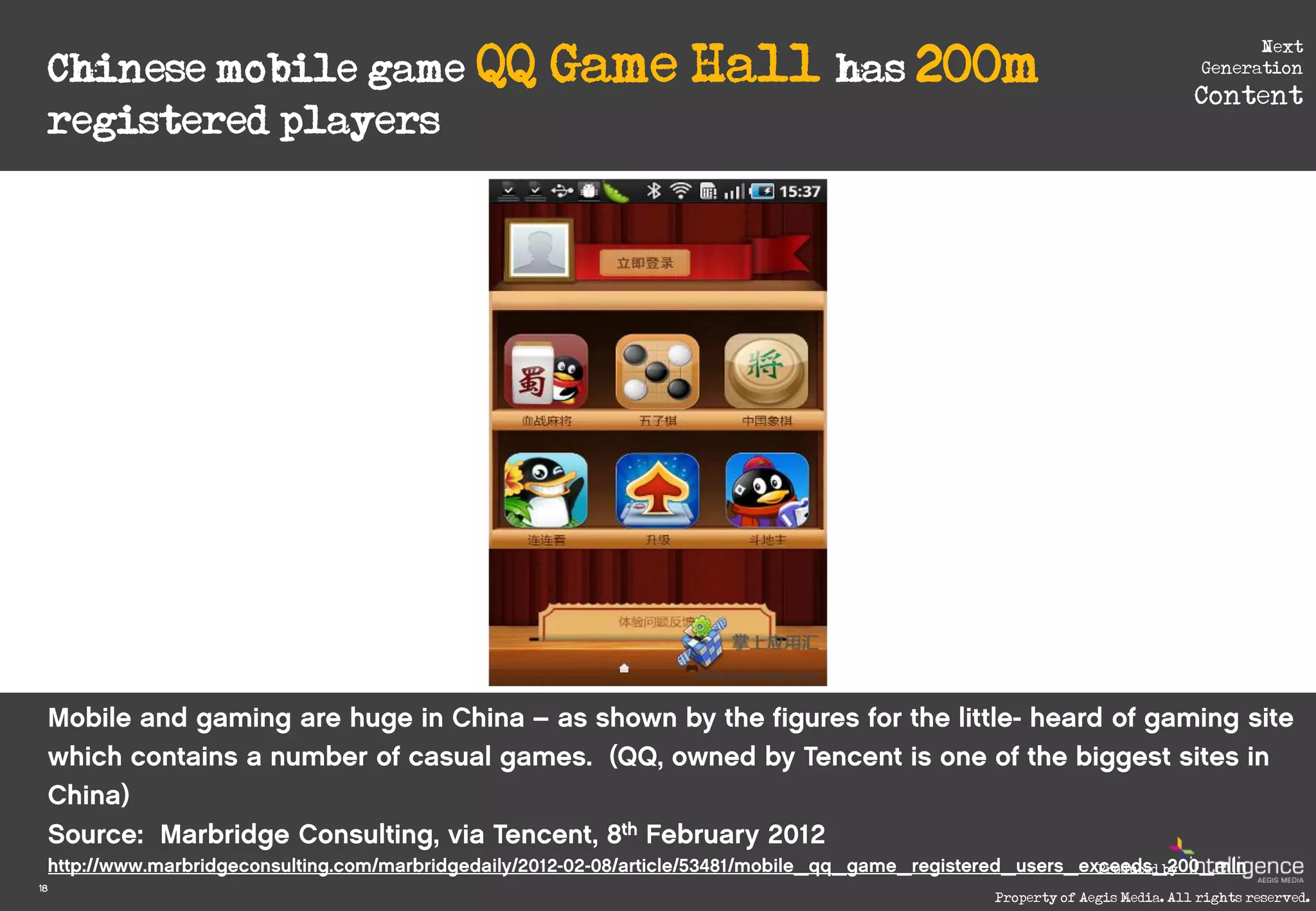 Chinese mobile game QQ   Game Hall has 200m
                                                                                 Next
                                                                           Generation
                                                                          Content
     registered players




                                                            Produced by
18
                                              Property of Aegis Media. All rights reserved.
 