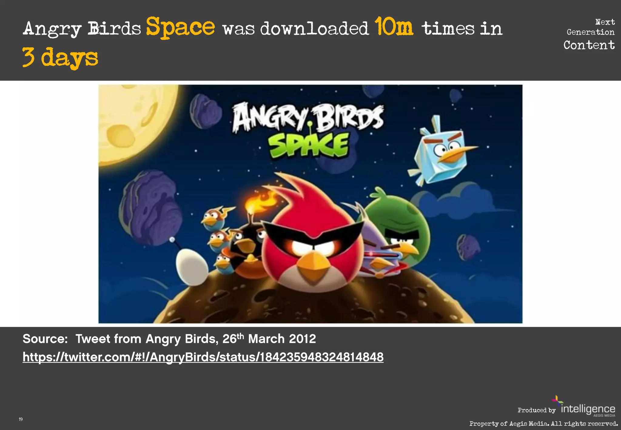 Angry Birds Space was downloaded 10m times in
                                                                                 Next
                                                                           Generation
                                                                          Content
     3 days




                                                            Produced by
19
                                              Property of Aegis Media. All rights reserved.
 