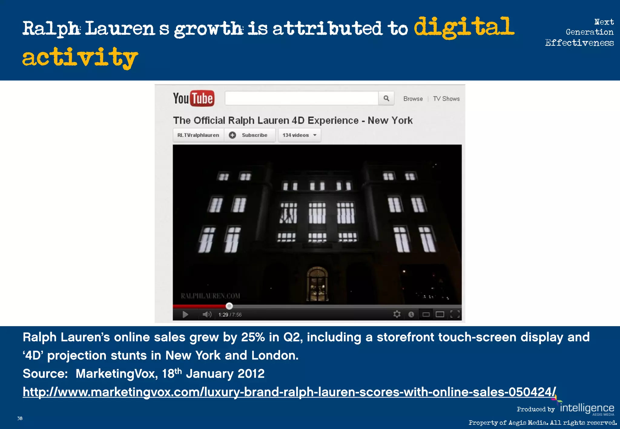 Ralph Lauren’s growth is attributed to   digital                               Next
                                                                              Generation
                                                                        Effectiveness

     activity




                                                               Produced by
38
                                                 Property of Aegis Media. All rights reserved.
 
