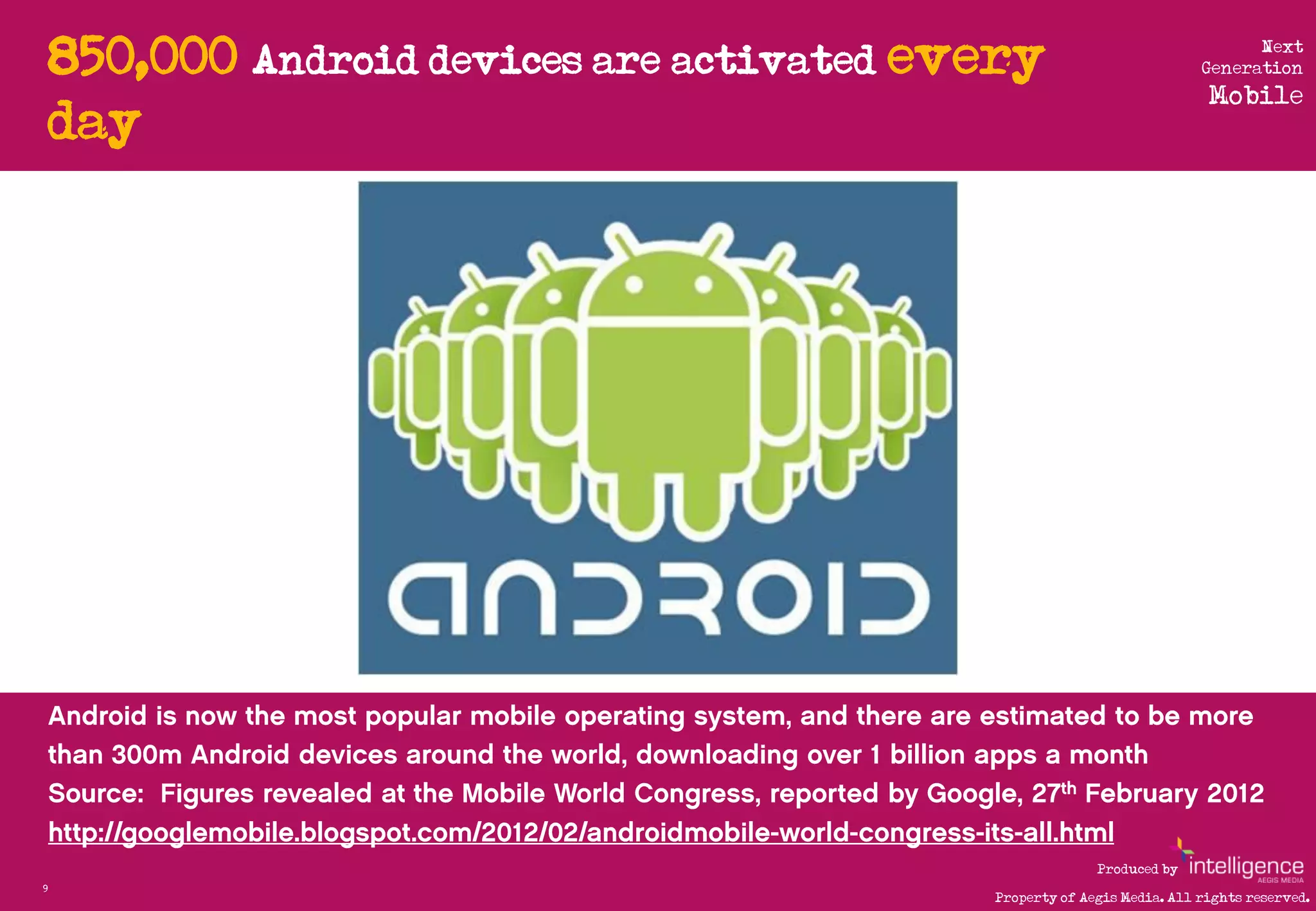 850,000 Android devices are activated every                                Next
                                                                         Generation
                                                                          Mobile
    day




                                                          Produced by
9
                                            Property of Aegis Media. All rights reserved.
 
