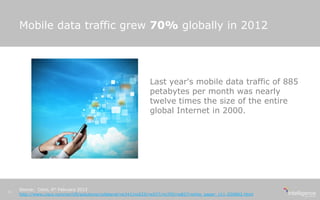 Mobile data traffic grew 70% globally in 2012
Last year's mobile data traffic of 885
petabytes per month was nearly
twelve times the size of the entire
global Internet in 2000.
Source: Cisco, 6th February 2013
http://www.cisco.com/en/US/solutions/collateral/ns341/ns525/ns537/ns705/ns827/white_paper_c11-520862.html
11
 