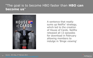 “The goal is to become HBO faster than HBO can
become us”
Source: AVC blog, 3rd February 2013
http://www.avc.com/a_vc/2013/02/hbo-vs-netflix.html
26
A sentence that neatly
sums up Netflix’ strategy,
which led to the creation
of House of Cards. Netflix
released all 13 episodes
for download in February
allowing members to
indulge in ‘Binge viewing’
 