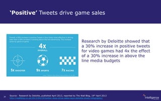 ‘Positive’ Tweets drive game sales
Research by Deloitte showed that
a 30% increase in positive tweets
for video games had 4x the effect
of a 30% increase in above the
line media budgets
Source: Research by Deloitte, published April 2013, reported by The Wall Blog, 19th April 2013
http://wallblog.co.uk/2013/04/19/twitter-does-drive-sales-says-deloitte-study-infographic/
39
 