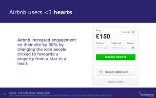Airbnb users <3 hearts
Airbnb increased engagement
on their site by 30% by
changing the icon people
clicked to favourite a
property from a star to a
heart
Source: Fast Code Design, October 2012
http://www.fastcodesign.com/1670890/how-airbnb-evolved-to-focus-on-social-rather-than-searches#1
44
 
