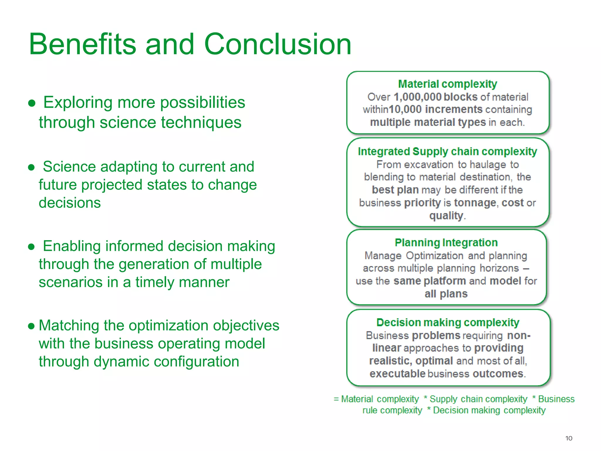 Benefits and Conclusion
● Exploring more possibilities
through science techniques
● Science adapting to current and
future projected states to change
decisions
● Enabling informed decision making
through the generation of multiple
scenarios in a timely manner
● Matching the optimization objectives
with the business operating model
through dynamic configuration
 