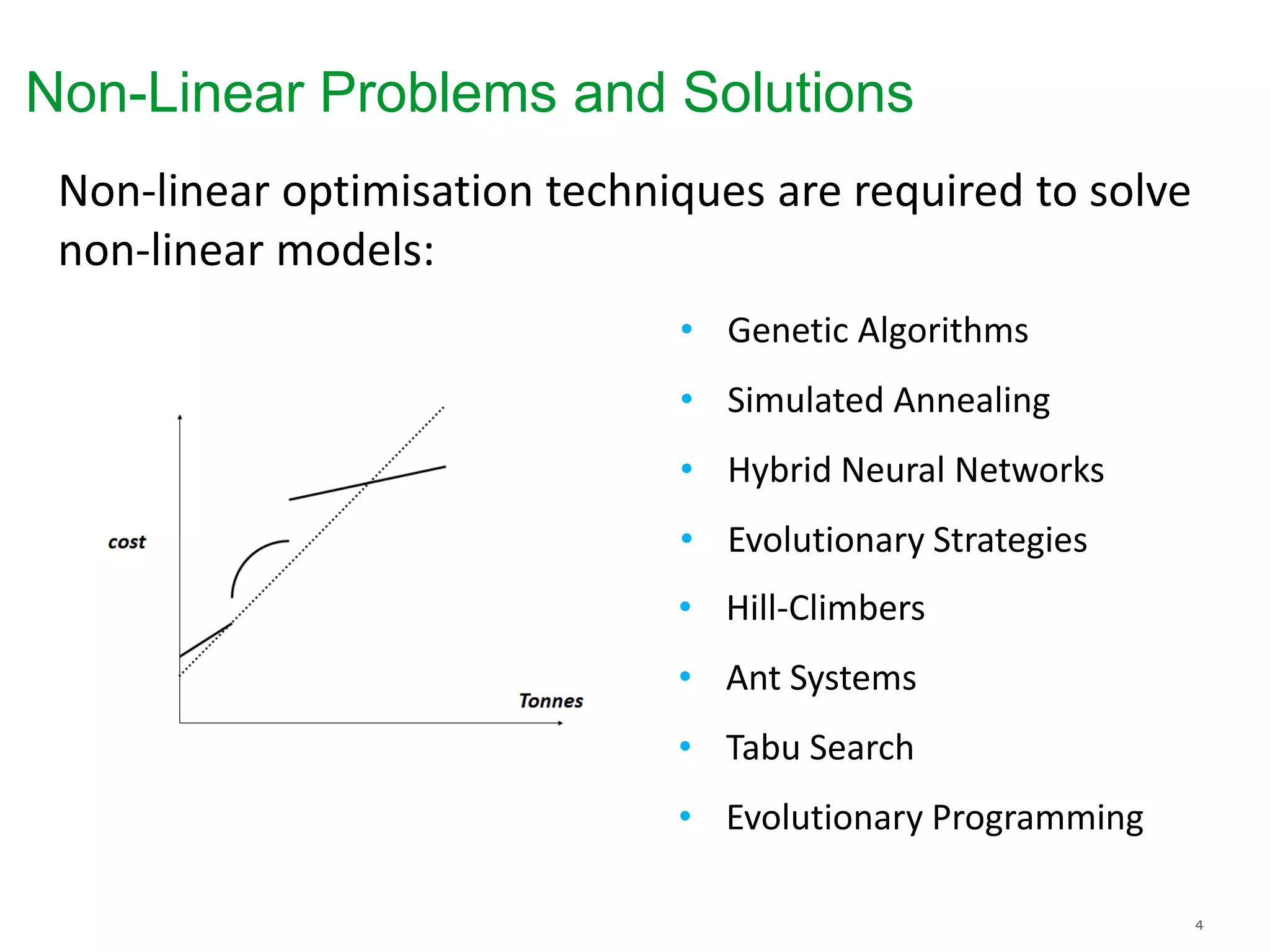 Non-Linear Problems and Solutions
• Genetic Algorithms
• Simulated Annealing
• Hybrid Neural Networks
• Evolutionary Strategies
• Hill-Climbers
• Ant Systems
• Tabu Search
• Evolutionary Programming
Non-linear optimisation techniques are required to solve
non-linear models:
 