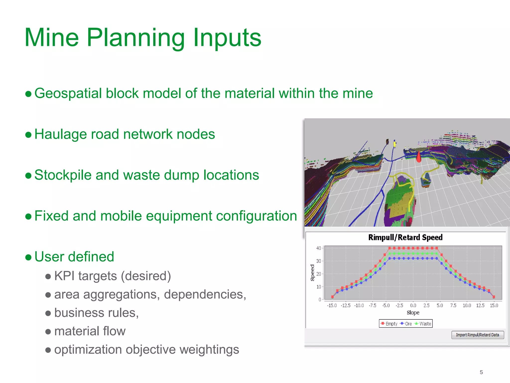Mine Planning Inputs
●Geospatial block model of the material within the mine
●Haulage road network nodes
●Stockpile and waste dump locations
●Fixed and mobile equipment configuration
●User defined
● KPI targets (desired)
● area aggregations, dependencies,
● business rules,
● material flow
● optimization objective weightings
 