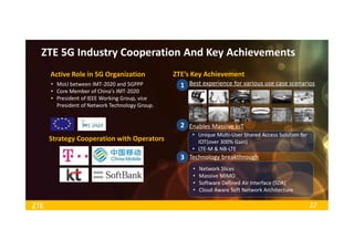 22
ZTE 5G Industry Cooperation And Key Achievements
Active Role in 5G Organization
• MoU between IMT-2020 and 5GPPP
• Core Member of China's IMT-2020
• President of IEEE Working Group, vice
President of Network Technology Group.
Strategy Cooperation with Operators
• Network Slices
• Massive MIMO
• Software Defined Air Interface (SDA)
• Cloud Aware Soft Network Architecture
ZTE’s Key Achievement
Best experience for various use case scenarios
Enables Massive IoT
1
2
3
• Unique Multi-User Shared Access Solution for
IOT(over 300% Gain)
• LTE-M & NB-LTE
Technology breakthrough
 