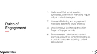 29 
Rules of 
Engagement 
1. Understand that social, curated, 
syndicated, and content marketing require 
unique content s...