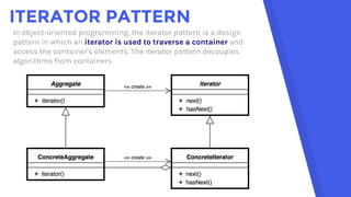 ITERATOR PATTERN
In object-oriented programming, the iterator pattern is a design
pattern in which an iterator is used to ...
