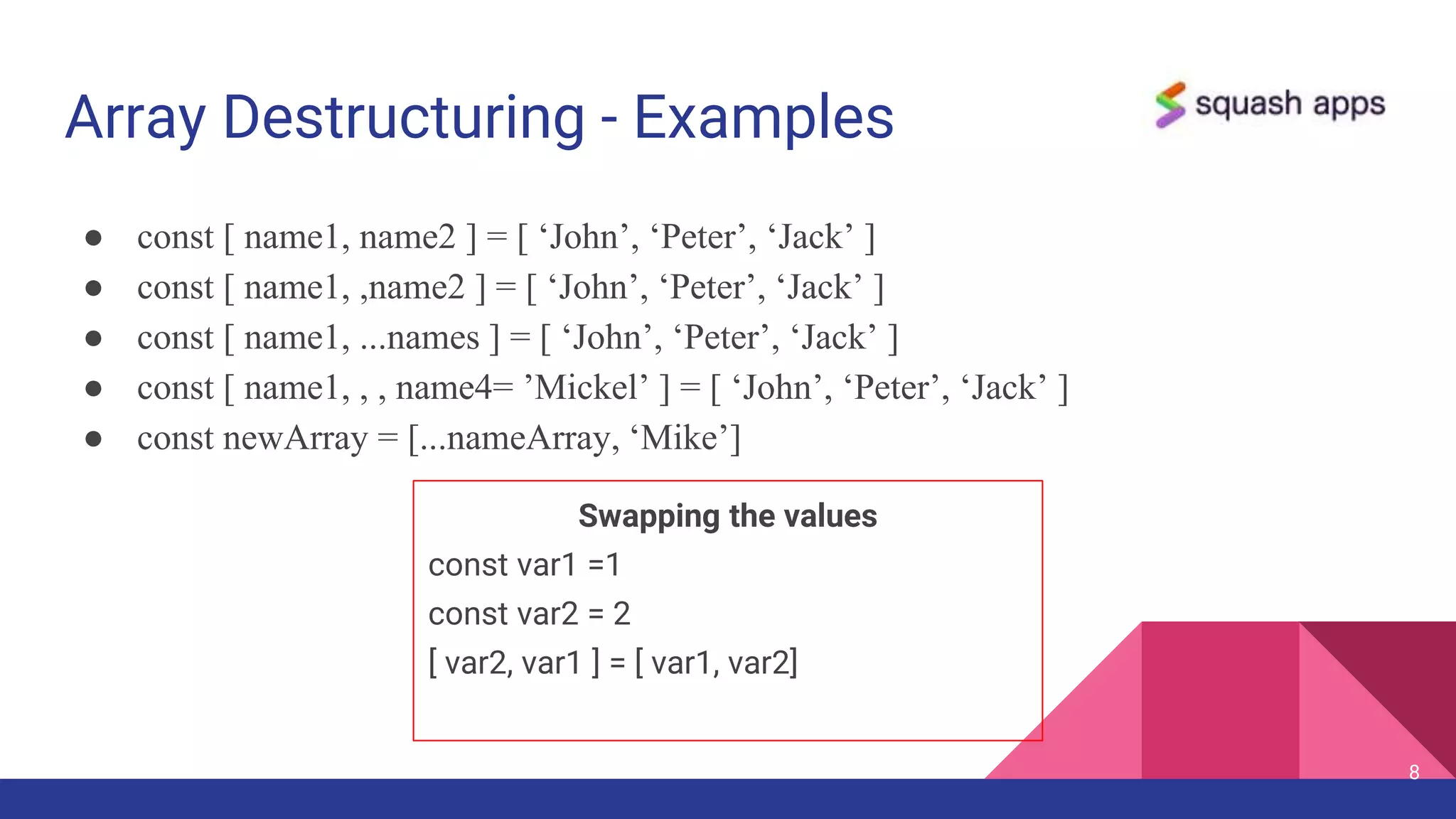 Array Destructuring - Examples
● const [ name1, name2 ] = [ ‘John’, ‘Peter’, ‘Jack’ ]
● const [ name1, ,name2 ] = [ ‘John’, ‘Peter’, ‘Jack’ ]
● const [ name1, ...names ] = [ ‘John’, ‘Peter’, ‘Jack’ ]
● const [ name1, , , name4= ’Mickel’ ] = [ ‘John’, ‘Peter’, ‘Jack’ ]
● const newArray = [...nameArray, ‘Mike’]
8
Swapping the values
const var1 =1
const var2 = 2
[ var2, var1 ] = [ var1, var2]
 