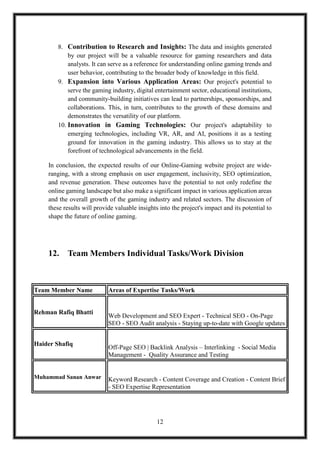 12
8. Contribution to Research and Insights: The data and insights generated
by our project will be a valuable resource for gaming researchers and data
analysts. It can serve as a reference for understanding online gaming trends and
user behavior, contributing to the broader body of knowledge in this field.
9. Expansion into Various Application Areas: Our project's potential to
serve the gaming industry, digital entertainment sector, educational institutions,
and community-building initiatives can lead to partnerships, sponsorships, and
collaborations. This, in turn, contributes to the growth of these domains and
demonstrates the versatility of our platform.
10. Innovation in Gaming Technologies: Our project's adaptability to
emerging technologies, including VR, AR, and AI, positions it as a testing
ground for innovation in the gaming industry. This allows us to stay at the
forefront of technological advancements in the field.
In conclusion, the expected results of our Online-Gaming website project are wide-
ranging, with a strong emphasis on user engagement, inclusivity, SEO optimization,
and revenue generation. These outcomes have the potential to not only redefine the
online gaming landscape but also make a significant impact in various application areas
and the overall growth of the gaming industry and related sectors. The discussion of
these results will provide valuable insights into the project's impact and its potential to
shape the future of online gaming.
12. Team Members Individual Tasks/Work Division
Team Member Name Areas of Expertise Tasks/Work
Rehman Rafiq Bhatti
Web Development and SEO Expert - Technical SEO - On-Page
SEO - SEO Audit analysis - Staying up-to-date with Google updates
Haider Shafiq
Off-Page SEO | Backlink Analysis – Interlinking - Social Media
Management - Quality Assurance and Testing
Muhammad Sanan Anwar Keyword Research - Content Coverage and Creation - Content Brief
- SEO Expertise Representation
 