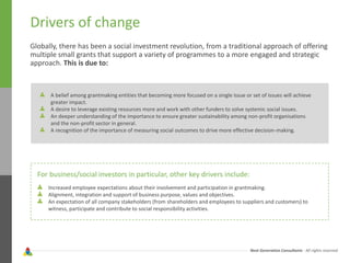 Next Generation Consultants - All rights reserved
Drivers of change
Globally, there has been a social investment revolution, from a traditional approach of offering
multiple small grants that support a variety of programmes to a more engaged and strategic
approach. This is due to:
For business/social investors in particular, other key drivers include:
Increased employee expectations about their involvement and participation in grantmaking.
Alignment, integration and support of business purpose, values and objectives.
An expectation of all company stakeholders (from shareholders and employees to suppliers and customers) to
witness, participate and contribute to social responsibility activities.
A belief among grantmaking entities that becoming more focused on a single issue or set of issues will achieve
greater impact.
A desire to leverage existing resources more and work with other funders to solve systemic social issues.
An deeper understanding of the importance to ensure greater sustainability among non-profit organisations
and the non-profit sector in general.
A recognition of the importance of measuring social outcomes to drive more effective decision-making.
 