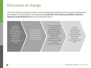 Next Generation Consultants - All rights reserved
Outcomes of change
The result of this evolutionary shift to more strategic grantmaking is that corporate and business
grantmakers and foundations are operating in a way that more closely resembles a business
approach to development that can be characterised as:
A greater
application of
governance,
business practices
and performance
management/
measurement
processes to
social investment
activities.
An increased focus
on evidence to
determine/confirm
impact and return
on investment of
social investments.
Increased integration
and alignment of
social strategies with
business objectives
and targets, including
shared/blended
value, social
innovation and social
capital models as well
as return on
investment practices.
Greater
transparency,
responsibility and
accountability,
particularly through
governance,
compliance,
reporting and social
media.
 