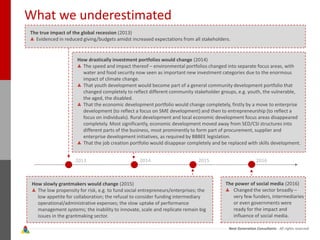 Next Generation Consultants - All rights reserved
How drastically investment portfolios would change (2014)
The speed and impact thereof – environmental portfolios changed into separate focus areas, with
water and food security now seen as important new investment categories due to the enormous
impact of climate change.
That youth development would become part of a general community development portfolio that
changed completely to reflect different community stakeholder groups, e.g. youth, the vulnerable,
the aged, the disabled.
That the economic development portfolio would change completely, firstly by a move to enterprise
development (to reflect a focus on SME development) and then to entrepreneurship (to reflect a
focus on individuals). Rural development and local economic development focus areas disappeared
completely. Most significantly, economic development moved away from SED/CSI structures into
different parts of the business, most prominently to form part of procurement, supplier and
enterprise development initiatives, as required by BBBEE legislation.
That the job creation portfolio would disappear completely and be replaced with skills development.
What we underestimated
The power of social media (2016)
Changed the sector broadly –
very few funders, intermediaries
or even governments were
ready for the impact and
influence of social media.
2013 2014 2015 2016
The true impact of the global recession (2013)
Evidenced in reduced giving/budgets amidst increased expectations from all stakeholders.
How slowly grantmakers would change (2015)
The low propensity for risk, e.g. to fund social entrepreneurs/enterprises; the
low appetite for collaboration; the refusal to consider funding intermediary
operational/administrative expenses; the slow uptake of performance
management systems; the inability to innovate, scale and replicate remain big
issues in the grantmaking sector.
 