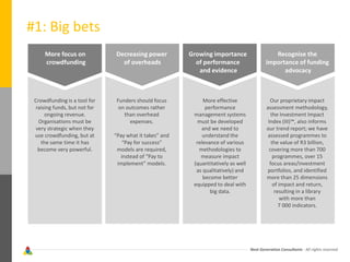 Next Generation Consultants - All rights reserved
#1: Big bets
More focus on
crowdfunding
Decreasing power
of overheads
Growing importance
of performance
and evidence
Recognise the
importance of funding
advocacy
Crowdfunding is a tool for
raising funds, but not for
ongoing revenue.
Organisations must be
very strategic when they
use crowdfunding, but at
the same time it has
become very powerful.
Funders should focus
on outcomes rather
than overhead
expenses.
“Pay what it takes” and
“Pay for success”
models are required,
instead of “Pay to
implement” models.
More effective
performance
management systems
must be developed
and we need to
understand the
relevance of various
methodologies to
measure impact
(quantitatively as well
as qualitatively) and
become better
equipped to deal with
big data.
Our proprietary impact
assessment methodology,
the Investment Impact
Index (III)™, also informs
our trend report; we have
assessed programmes to
the value of R3 billion,
covering more than 700
programmes, over 15
focus areas/investment
portfolios, and identified
more than 25 dimensions
of impact and return,
resulting in a library
with more than
7 000 indicators.
 