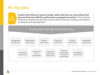 Next Generation Consultants - All rights reserved
#4: Big data
Funders that influence systems change realise that they can only achieve that
because they have effective performance management systems. These systems
allow them to generate data that lead to efficient decision-making, coming from
an adaptive learning approach.
To learn, they need data, which comes from:
Management
assessments
Organisational
assessments
Portfolio
assessments
Programme
assessments
Grantee
assessments
Stakeholder
assessments
Perception
assessments
Impact and
return
assessments
Impact and
opportunity
assessments
Risk and
governance/
compliance
assessments
Due diligence
assessments
 