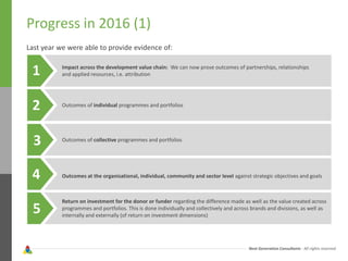 Next Generation Consultants - All rights reserved
Progress in 2016 (1)
Last year we were able to provide evidence of:
1
2
3
4
5
Impact across the development value chain: We can now prove outcomes of partnerships, relationships
and applied resources, i.e. attribution
Outcomes of individual programmes and portfolios
Outcomes of collective programmes and portfolios
Outcomes at the organisational, individual, community and sector level against strategic objectives and goals
Return on investment for the donor or funder regarding the difference made as well as the value created across
programmes and portfolios. This is done individually and collectively and across brands and divisions, as well as
internally and externally (of return on investment dimensions)
 