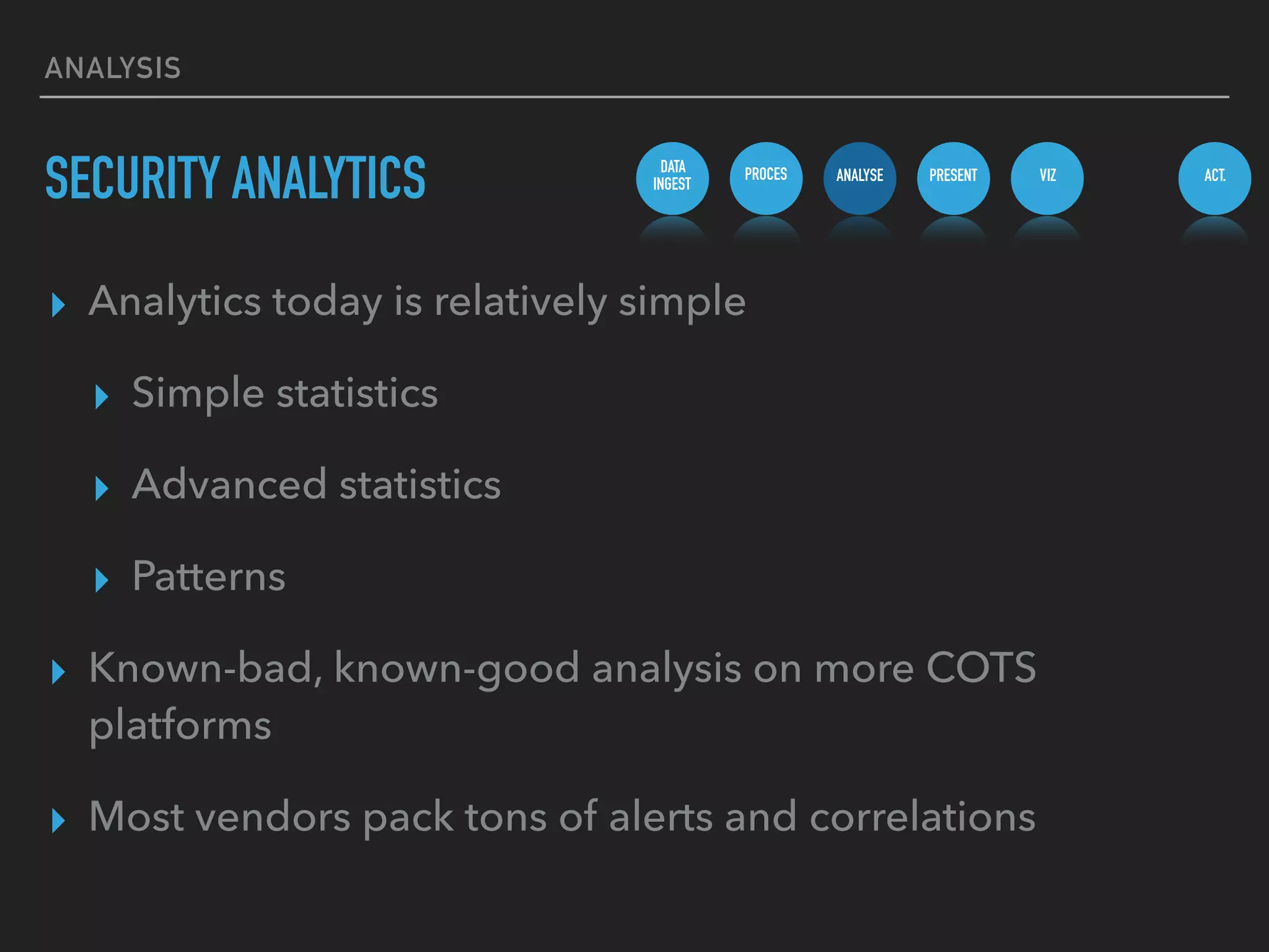 ANALYSIS
▸ Analytics today is relatively simple
▸ Simple statistics
▸ Advanced statistics
▸ Patterns
▸ Known-bad, known-good analysis on more COTS
platforms
▸ Most vendors pack tons of alerts and correlations
SECURITY ANALYTICS DATA
INGEST
PROCES ANALYSE PRESENT VIZ ACT.
 