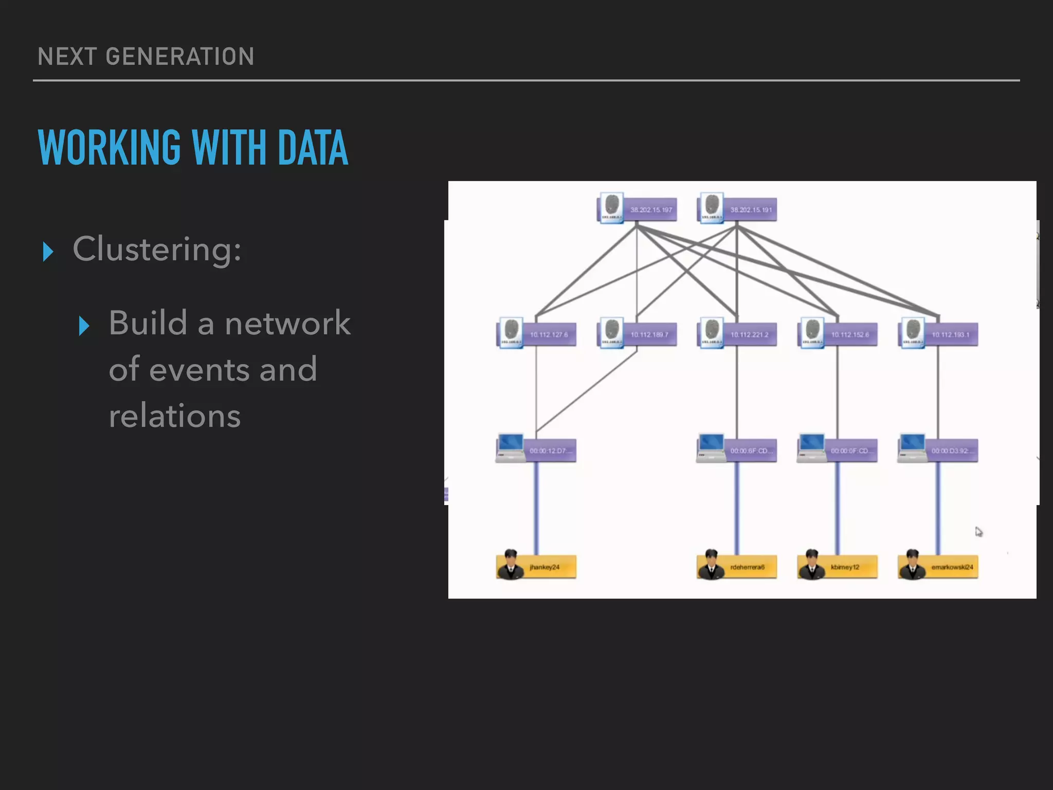 NEXT GENERATION
WORKING WITH DATA
▸ Clustering:
▸ Build a network
of events and
relations
 