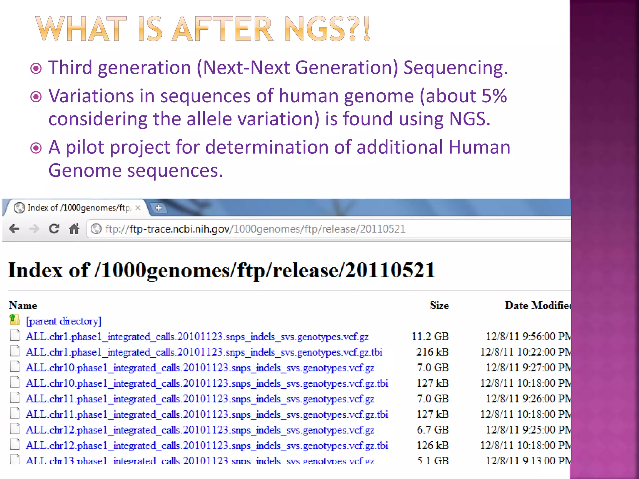  Third generation (Next-Next Generation) Sequencing.
 Variations in sequences of human genome (about 5%
considering the allele variation) is found using NGS.
 A pilot project for determination of additional Human
Genome sequences.
 