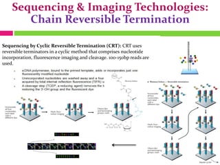 Sequencing & Imaging Technologies:
Chain Reversible Termination
Sequencing by Cyclic Reversible Termination (CRT): CRT uses
reversible terminators in a cyclic method that comprises nucleotide
incorporation, fluorescence imaging and cleavage. 100-150bp reads are
used.
 