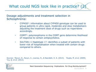 Next Generation Sequencing: Implications For Drug Reimbursement?
13/11/2014 9
What could NGS look like in practice? (2)
Dosage adjustments and treatment selection in
Schizophrenia:
• CYP4501: information about CYP450 genotype can be used to
group patients in ultra rapid, moderate and slow metabolisers
adjusting the treatment dose of drugs such as risperidone
accordingly.
• COMT2: polymorphisms in the COMT gene determine likelihood
of response to certain antipsychotics.
• SULT4A1-1 Haplotype 13: identifies a subset of patients with
lower risk of hospitalisation when treated with certain drugs
compared to others.
Sources: 1Ravyn, D., Ravyn, V., Lowney, R., & Nasrallah, H. A. (2013). 2Gupta, M. et al. (2009).
3Liu, Q. et al. (2012).
