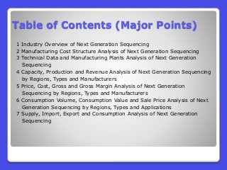Table of Contents (Major Points)
1 Industry Overview of Next Generation Sequencing
2 Manufacturing Cost Structure Analysis of Next Generation Sequencing
3 Technical Data and Manufacturing Plants Analysis of Next Generation
Sequencing
4 Capacity, Production and Revenue Analysis of Next Generation Sequencing
by Regions, Types and Manufacturers
5 Price, Cost, Gross and Gross Margin Analysis of Next Generation
Sequencing by Regions, Types and Manufacturers
6 Consumption Volume, Consumption Value and Sale Price Analysis of Next
Generation Sequencing by Regions, Types and Applications
7 Supply, Import, Export and Consumption Analysis of Next Generation
Sequencing
 