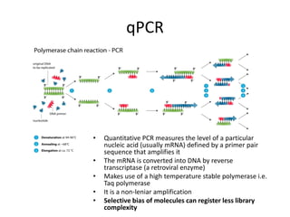 qPCR
• Quantitative PCR measures the level of a particular
nucleic acid (usually mRNA) defined by a primer pair
sequence that amplifies it
• The mRNA is converted into DNA by reverse
transcriptase (a retroviral enzyme)
• Makes use of a high temperature stable polymerase i.e.
Taq polymerase
• It is a non-leniar amplification
• Selective bias of molecules can register less library
complexity
 