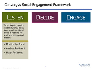 Convergys Social Engagement FrameworkListenDecideEngageTechnology to monitor social networks, blogs, forums and traditional media in realtime for sentiment scoring and analysis. Monitor the Brand