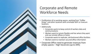 Corporate and Remote
Workforce Needs
• Proliferation of co-working spaces, working from ”Coffee
Shops” and other locations with unreliable WIFI or insecure
locations
• Additionally
• Corporate wants to keep control of workers data and
communications
• Workers want to remain flexible and live where they want
and use remote offices or home
• Corporate wants to replicate, old-fashioned office facilities
• Workers want to maintain secured office information
• Corporate Office need to generate revenues from
empty spaces – High Vacancies (up to 20%)
 