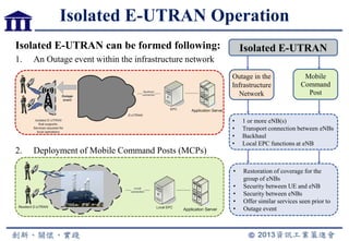 Isolated E-UTRAN can be formed following:
1. An Outage event within the infrastructure network
2. Deployment of Mobile Command Posts (MCPs)
Isolated E-UTRAN Operation
• 1 or more eNB(s)
• Transport connection between eNBs
• Backhaul
• Local EPC functions at eNB
• Restoration of coverage for the
group of eNBs
• Security between UE and eNB
• Security between eNBs
• Offer similar services seen prior to
• Outage event
Isolated E-UTRAN
Outage in the
Infrastructure
Network
Mobile
Command
Post
 