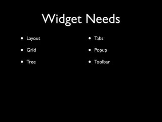 Widget Needs
•   Layout          •   Tabs

•   Grid            •   Popup

•   Tree            •   Toolbar
 