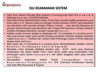 ISU KEAMANAN SISTEM
• Hasil Scan Secara Otomatis [oleh program e-CountingLocal] diberi W a t e r m a r k &
  Dilakukan E n k r ip s i Di KPUD Kab/Kota
• Data Dikirim/Push [Diambil/Pull] ke [oleh] Pusat Data memakai fasilitas pengiriman yang
  aman yaitu S C P [Secure Copy] via Jaringan Intranet berbasis VPN-IP yang disediakan
  dan diamankan oleh penyedia jaringan [Telkom, Indosat, ... atau lainnya] disamping itu
  jaringan intranet tersebut juga diamankan oleh Tenaga Ahli Keamanan Jaringan Sipemilu
  berbasis Perangkat Keamanan Jaringan Terpadu [R o u t e r s ].
• Setelah proses konversi [image ke database] oleh 10 processing & e-counting server,
  data yang berupa angka yang sensitif terhadap perubahan disimpan kedalam database
  melalui E n k r ip s i . Verifikasi dan Validasi Hasil Perhitungan Suara di KPUD dilakukan
  dengan akses via h t t p s
• Data luaran dari 10 processing & e-counting server dikonsolidasikan kedalam sebuah
  D a t a b a s e P e r h it u n g a n S u a r a & S ip e m ilu .
• Dibuatkan mirror terhadap database tersebut yaitu : D R C mirror yang lokasinya
  dirahasiakan dan kedua adalah mirror untuk server publik yang menampilkan hasil
  perhitungan suara secara t r a n s p a r a n dan dalam tenggang waktu yang hampir
  r e a l - t im e .
• Meningkatkan        Awareness         Hacker     Terkait     U n t u n g /R u g i S e rta
  K o n s e k u e n s i P e la n g g a r a n U U IT E [Termasuk Konsekuensi Hacking
  Atas Data Milik Masyarakat & Negara]
 