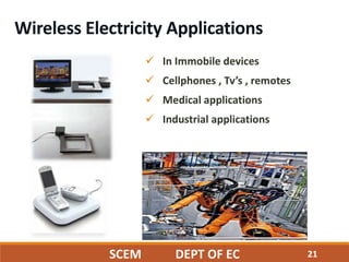 21
Wireless Electricity Applications
 In Immobile devices
 Cellphones , Tv’s , remotes
 Medical applications
 Industri...