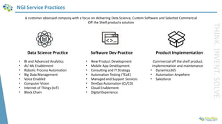 A customer obsessed company with a focus on delivering Data Science, Custom Software and Selected Commercial
Off the Shelf products solution
Product Implementation
Commercial off the shelf product
implementation and maintenance
• Dynamics365
• Automation Anywhere
• Salesforce
Software Dev Practice
• New Product Development
• Mobile App Development
• Consulting and IT Strategy
• Automation Testing (TCoE)
• Managed and Support Services
• DevOps Automation (CI/CD)
• Cloud Enablement
• Digital Experience
Data Science Practice
• BI and Advanced Analytics
• AI/ ML Enablement
• Robotic Process Automation
• Big Data Management
• Voice Enabled
• Computer Vision
• Internet of Things (IoT)
• Block Chain
NGI Service Practices
THINK.INVENT.SOLVE.
 