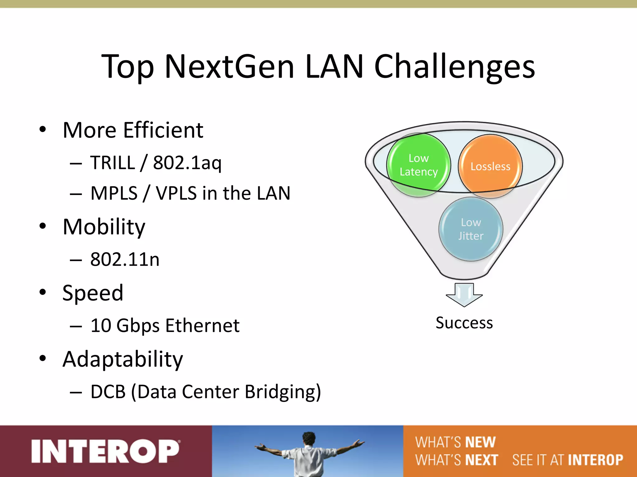Top NextGen LAN Challenges
• More Efficient
   – TRILL / 802.1aq                Low
                                  Latency     Lossless

   – MPLS / VPLS in the LAN
• Mobility                                   Low
                                            Jitter

   – 802.11n
• Speed
   – 10 Gbps Ethernet                   Success

• Adaptability
   – DCB (Data Center Bridging)
 