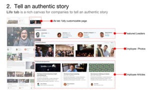 2. Tell an authentic story
Life tab is a rich canvas for companies to tell an authentic story
Featured Leaders
Employee Photos
Employee Articles
Life tab: fully customizable page
 