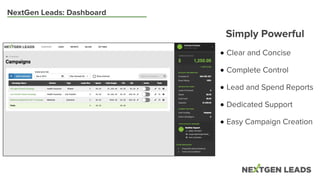 NextGen Leads: Dashboard
Clear and Concise
Lead and Spend Reports
Complete Control
Dedicated Support
Easy Campaign Creation
Simply Powerful
 