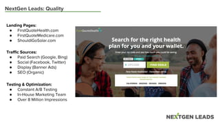 NextGen Leads: Quality
Traffic Sources:
● Paid Search (Google, Bing)
● Social (Facebook, Twitter)
● Display (Banner Ads)
● SEO (Organic)
Testing & Optimization:
● Constant A/B Testing
● In-House Marketing Team
● Over 8 Million Impressions
Landing Pages:
● FirstQuoteHealth.com
● FirstQuoteMedicare.com
● ShouldIGoSolar.com
 