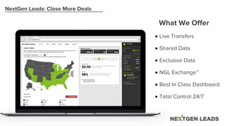 NextGen Leads: Close More Deals
Live Transfers
Exclusive Data
Shared Data
NGL Exchange™
Best In Class Dashboard
Total Control 24/7
What We Offer
 
