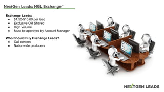 NextGen Leads: NGL Exchange™
Exchange Leads:
● $1.50-$10.00 per lead
● Exclusive OR Shared
● High volume
● Must be approved by Account Manager
Who Should Buy Exchange Leads?
● Call centers
● Nationwide producers
 