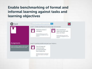 Enable benchmarking of formal and
informal learning against tasks and
learning objectives
 