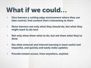 • Give learners a cutting edge environment where they can
take control, find content that’s interesting to them
• Show learners not only what they should do, but what they
might want to do next
• Not only show them what to do, but ask them what they’ve
done
• See what external and internal learning is most useful and
impactful, and quickly and easily make updates
• Provide instant access, from anywhere, anytime
What if we could…
 