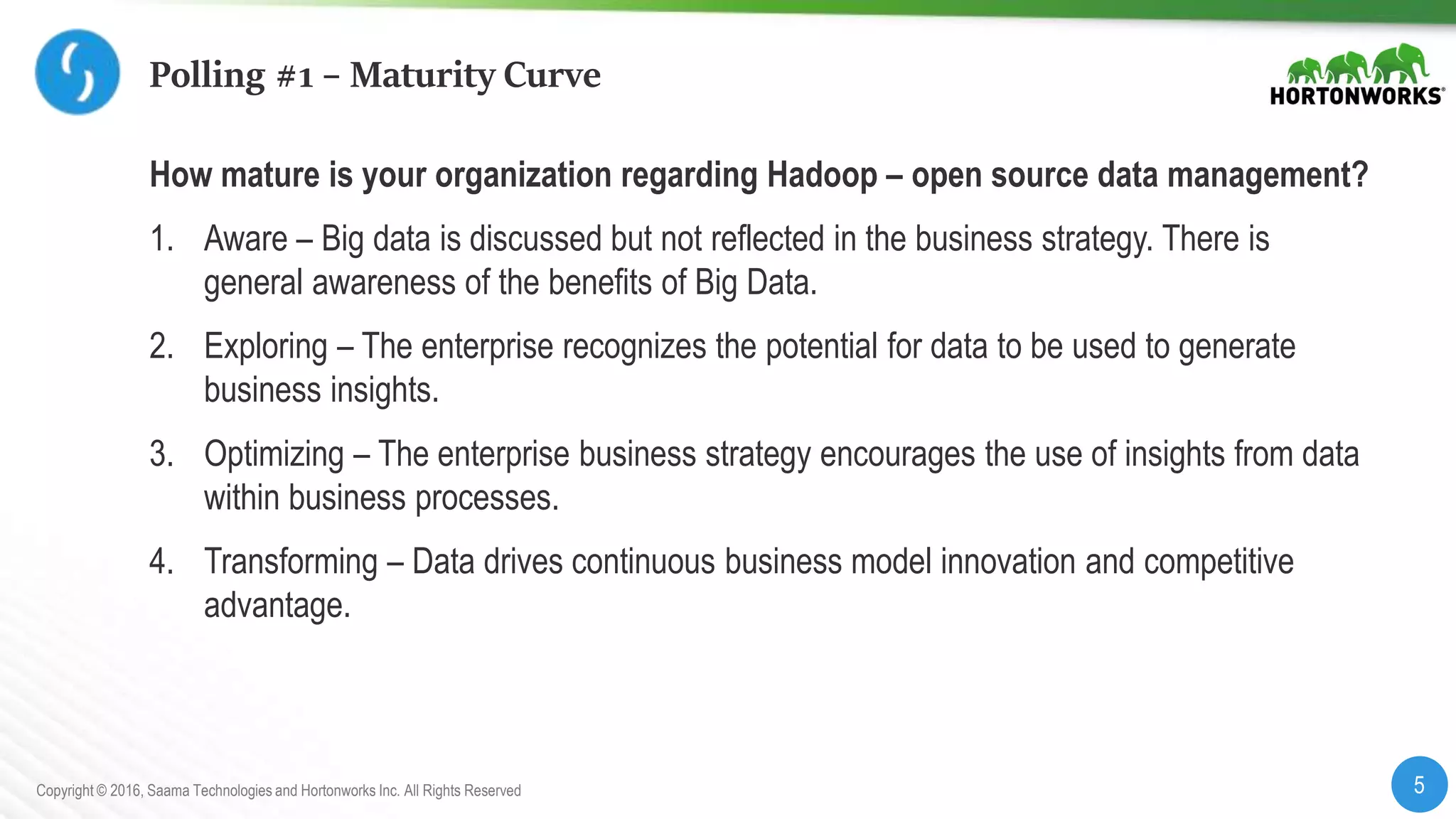 5Copyright © 2016, Saama Technologies and Hortonworks Inc. All Rights Reserved
Polling #1 – Maturity Curve
How mature is your organization regarding Hadoop – open source data management?
1. Aware – Big data is discussed but not reflected in the business strategy. There is
general awareness of the benefits of Big Data.
2. Exploring – The enterprise recognizes the potential for data to be used to generate
business insights.
3. Optimizing – The enterprise business strategy encourages the use of insights from data
within business processes.
4. Transforming – Data drives continuous business model innovation and competitive
advantage.
 