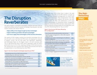 THE NEXT GENERATION PMO
5
Redesigning some of your PMO work processes
Collaborating more with other functions
Requiring new measures of progress, success, and risk
Using more advanced technologies for project management
Joining strategic projects at earlier stages
Responsible for more projects of high importance
Acquiring a more enterprise-wide scope of activity
Responsible for a greater number of projects
Having a bigger role securing project resources
Use of tools and innovative products and services
Specific project management or other skills required
within the PMO
Modified scope and/or methodologies of traditional
project management
Relationship with any other internal office or group
Relationship with an office of strategy management
(or equivalent unit) created or strengthened
Project manager engagement/morale increase
Headcount decrease
Outsourcing (entire PMO or components)
Headcount increase
Project manager engagement/morale decrease
59%
54%
50%
46%
44%
36%
35%
35%
25%
62%
51%
48%
43%
35%
35%
21%
20%
19%
14%
Base: PMOs affected by disruptive technologies.
Base: PMOs that have been formally reconfigured in response to one or more disruptive technologies.
The rapid emergence of disruptive technologies combined with short times to
market will certainly continue to reorder the rankings of top disruptors. But what
remains constant is the need for PMOs to:
> Adapt swiftly to the changes brought by these technologies
> Support initiatives grounded in disruptive technologies
> Learn how to apply these technologies to PMO functions themselves
The majority of PMO changes resulting from disruptive technologies focus on
how the work is done, with whom the PMO works, and adapting new measures
of progress, success, and risk that reﬂect new approaches, stakeholders,
and technologies (Figure 4). The biggest impact is on work processes, with
75% of high-performing PMOs—those whose stakeholders grade the PMO’s
performance as an A or A+ (12%)—reporting a redesign of their work processes.
This indicates that more successful PMOs identify work processes that need to
be adapted faster or more effectively than other PMOs.
Figure 4: How have disruptive technologies impacted your PMO?
Figure 5: How has your PMO been affected by
the reconfiguration?
Yet, overall, most PMOs remain slow to adapt in the wake
of disruption. Only 30% of the PMO directors surveyed say
their PMO has undergone reconfiguration as a direct result
of disruptive technologies. These reorganizations most likely
involved innovative tools, products, and services, new skills
required within the PMO, and modifications to the scope
and/or methodologies of conventional project management
(Figure 5). And for those PMOs that have made progress, PMO
directors reported uncertainty about the reconfigurations, with
only 18% characterizing them as “very successful.”
TheDisruption
Reverberates
of respondents say
it’s either themselves
or another PMO
director leading the
PMO reconfiguration
for their organization.
49%
The High-
Performing
Of the organizations surveyed
for this report, 12% rank as high
performers. These are the PMOs
whose stakeholders grade the
PMO’s contributions to achieving
their organizations’ strategic
initiatives as A+ or A. They are
differentiated not only by what
they do and how they do it, but
also by how the PMO is valued by
the organization. High-performing
PMOs tend to:
• Closely align their work with
the organization’s strategic
initiatives
• Lead (or play a significant role
in) the implementation of
strategic initiatives
• Fulfill important change
management functions
• Adapt and adopt new skills
These high performers are leading
the way in designing the next
generation PMO as they embrace
disruptive technologies with the
purpose of achieving organizational
strategic goals. Gaining more
insight into how these PMO
directors are adapting to the
disruptive changes and reshaping
the PMO is an important step in
reinventing the identity of the PMO
as a strategic enabler.
PMO
5
 
