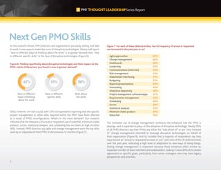 6
Figure 7: For each of these skills/activities, has its frequency of actual or requested
use increased in the past year or so?
The increased use of change management reinforces the enhanced role the PMO is
playing—and is expected to play—in the adoption of disruptive technology. Nearly 50%
of all PMO directors say their PMOs are either the “sole driver of” or are “very involved
in” change management intended to leverage disruptive technologies on behalf of
their organization (Figure 8). And it’s notable that a majority of respondents say they
experienced an “actual or requested increase in use” with nine of the 18 skills/activities
over the past year, indicating a high level of adaptation to new ways of doing things.
Strong change management is important because these initiatives often involve an
expanded number of team members and stakeholders, making it more difficult to obtain
agreement on specific goals, particularly from senior managers who may have legacy
perspectives and priorities.
Agile approaches
Change management
Dashboards
Leadership
Communications (informal)
Risk management
Stakeholder interfacing
Budgeting
Reports/presentations
Forecasting
Analytical objectivity
Project management software/apps
Requirements management
Scheduling
Scrum
Statistical analysis
Minimum viable product
Waterfall
67%
66%
56%
55%
54%
54%
51%
51%
50%
49%
48%
47%
42%
40%
39%
33%
29%
10%
NextGenPMOSkills
As this research shows, PMO directors and organizations are ready, willing, and able
to work in new ways to make the most of disruptive technologies. Nearly half report
“new or different ways of thinking about the work” is in greater demand than “new
or different specific skills” in the face of disruptive technologies (Figure 6).
Skills, however, are still crucial, with 51% of respondents reporting that the specific
project management or other skills required within the PMO have been affected
as a result of PMO reconfiguration. What’s in the most demand? Our research
indicates that the frequency of actual or requested use of waterfall, minimum viable
product, scrum, statistical analysis, and scheduling has not been as high as other
skills. Instead, PMO directors say agile and change management were the top skills
used by or requested of their PMO in the previous 12 months (Figure 7).
New or different
ways of thinking
about the work
New or different
specific skills
Both about
the same
Figure 6: Thinking specifically about disruptive technologies and their impact on the
PMO, which of these have you found is now in greater demand?
15%
47% 38%
 